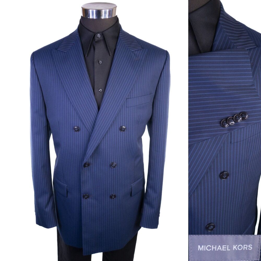 Michael Kors Blazer Sport Coat Sz 44L Double Breasted Navy Blue Pinstripe Jacket